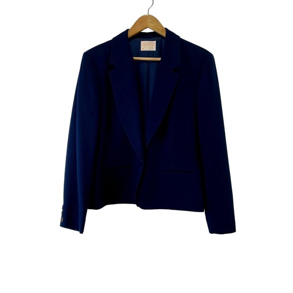Vintage Pendleton Wool Blazer Navy Blue Coat 1 button Jacket Women Suit Size 14 - Picture 1 of 13